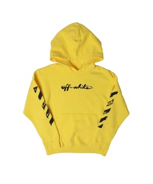 Juniors Off White Script Hoodie in yellow black.- Lined hood.- Kangaroo pocket.- Ribbed cuffs and hem.- Printed logo.- Diagonals at sleeves.- 100% Cotton.- Ref: OBBB0010051810