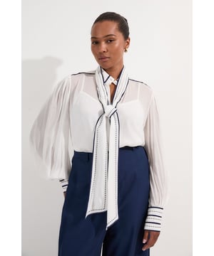 Archive Collection - Plus Size Balloon Sleeve Contrast Stitch Bow Woven Blouse
