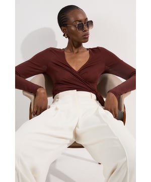 Tencel Jersey Wrap Detail Plunge Neck Long Sleeve Top