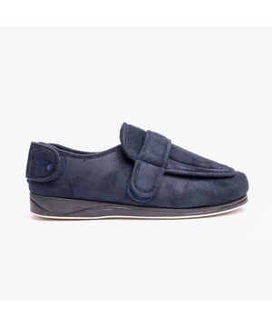 These men's full slippers feature a textile upper and lining with a rubber and fabric sole, a wide fit, and a touch fasten closure, offering comfortable loungewear footwear