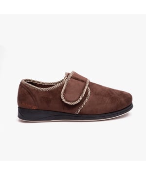 These men's full slippers feature textile uppers, a wide fit, and a flat heel for comfort. Ideal for loungewear or nightwear with a round toe and easy touch fasten closure