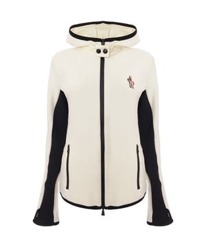 • Brand: Moncler
 • Material: BASE FABRIC: 100% Polyamide / Nylon; BODY LINING: 100% Polyamide / Nylon; PADDING: 90% Down, 10% Feather; SLEEVES: 100% Virgin wool
 • Design:  this cardigan doubles as outerwear during milder weather. The zip-up style is crafted from plush Merino wool with a warm down-filled front and collar, Down-filled longue saison collar and front, Milano stitch, pull-out hood, Zip closure, Zipped pockets
 • Colour: White
 • Style: High Neck, Long sleeve cardigan-Jacket