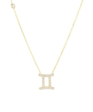 Made of 925 sterling silver, dipped in 22ct gold. This necklace is hand set with multifaceted white zircons.Geminis celebrate birthdays May 21 - June 20Finished with a lobster clasp, and size adjusterDimensions: Necklace can be worn 40cm chain length or 45cm chain length using adjuster. Motif 1.5cm x 1cmPackaging:This item is presented in a Latelita London signature packagingCare Instructions:To maintain your jewellery, wipe gently with a damp cloth that is soft and clean. Do not soak in water. Avoid contact with soaps, detergents, perfume or hair spray.