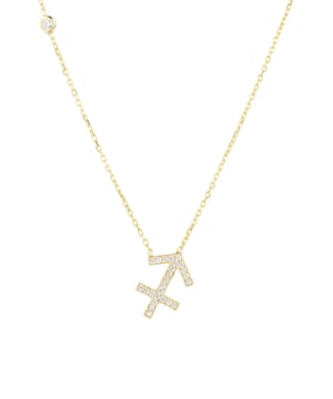 Made of 925 sterling silver, dipped in 22ct gold. This necklace is hand set with multifaceted white zircons.Sagittarius celebrate birthdays November 22 - December 21Finished with a lobster clasp, and size adjusterDimensions: Necklace can be worn 40cm chain length or 45cm chain length using adjuster. Motif 1.5cm x 1cmPackaging:This item is presented in a Latelita London signature packagingCare Instructions:To maintain your jewellery, wipe gently with a damp cloth that is soft and clean. Do not soak in water. Avoid contact with soaps, detergents, perfume or hair spray.