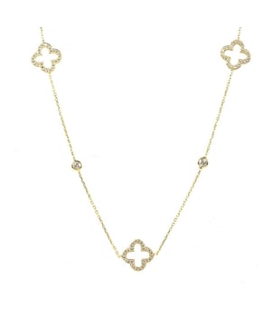 Introducing the Open Clover Long Necklace!This beautiful piece is perfect for adding a touch of glamour to any of your outfits. This stunning necklace features seven sparkling clover motifs, hand-set with multifaceted white zircons, and is 22ct gold-plated for a luxurious finish.The necklace length is 90cm with 5cm length adjuster for adjustable easy fit and fastens with a lobster clasp for the perfect fit. And at 8.9g its light and ideal for that summer flowing dress style.Make this necklace extra special by pairing it with the matching bracelet or earrings for a coordinated look. Or give it as a bridesmaid gift on your big day. Either way, the open clover necklace is sure to be a hit.Four leaf clovers are a sign of good luck, and many people believe that finding one brings good fortune. They are often worn as a talisman or charm, and some people even carry them in their wallets to bring luck wherever they go. Some say that each leaf on the clover stands for something different: faith, hope, love, and luck.So why not add a little luck to your jewellery collection with our open clover necklace?