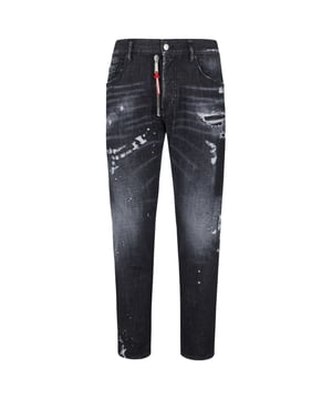 Skater Jean, Button Closure, Made In Romania, 98% Cotton, 2% Elastane, Dark Denim, Black Denim,  Slim Fit With A Tapered Leg, Paint Splatter Design, Skater jeans in a Black Wash