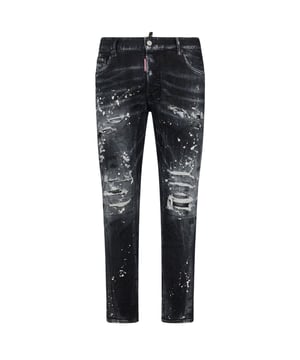 Tidy Biker Jean Style,  Stretch Denim 92% Cotton, 8% Elastane,  Button Fly, Skinny Fit With A Tapered Leg, Ripped Design, Paint Splash Detail, Destroyed Reinforced Denim, Made in Italy, Black Jeans
