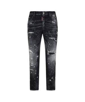 Skater-Jeans, Knopfverschluss, hergestellt in Italien, 92 % Baumwolle, 8 % Elasthan, dunkler Denim, schwarzer Denim, schmale Passform mit schmal zulaufendem Bein, Farbspritzer-Design, Skater-Jeans in schwarzer Waschung