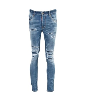 Estilo vaquero súper twinky, denim elástico 92 % algodón, 8 % elastano, bragueta de botones, corte ceñido con pernera cónica, diseño rasgado, detalle de salpicaduras de pintura, denim reforzado desgastado, hecho en Italia