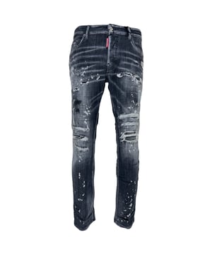 Vaqueros Skater, Cierre De Botones, Made In Italy, 92% Algodón, 8% Elastano, Denim Oscuro, Denim Negro, Corte Entallado Con Pernera Tapered, Diseño De Salpicaduras De Pintura, Jeans Skater Con Lavado Negro
