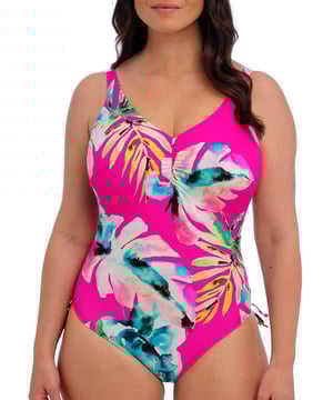 Fantasie Carabelita V-Neck Swimsuit. Underwired one piece swimsuit with a V-neckline, low scoop back and adjustable tie sides that offer a variation of leg coverage. Product is hand wash only.