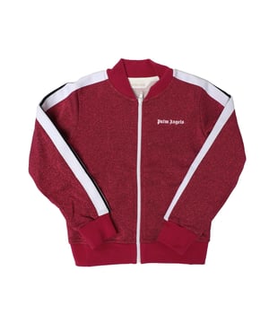 Juniors Palm Angels Logo Lurex Bomber Track Jacket in pink white.- Bomber collar.- Full zip fastening.- Side pockets.- Ribbed cuffs and hem.- Palm Angels logo printed at front.- White knitted bands with black stripe sewn on shoulder sleeves.- Regular fit.- 100% Cotton.- Ref: PGBD0020013201