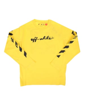 Juniors Off White Script Long Sleeve T-Shirt in yellow - black.- Ribbed crew neck.- Long sleeves with black diagonal graphics.- Black arrow graphic on reverse.- Off-White script logo at chest.- Main material: 100% Cotton.  Rib: 100% Cotton.  Machine washable.- Ref: OBAB0010041810