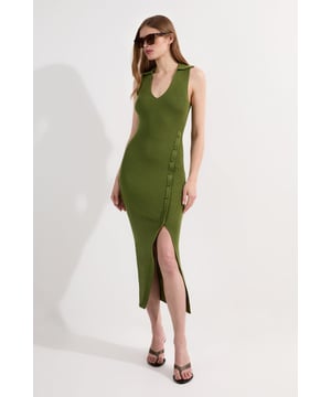 Rib Knit Collared Dress With Button Detail