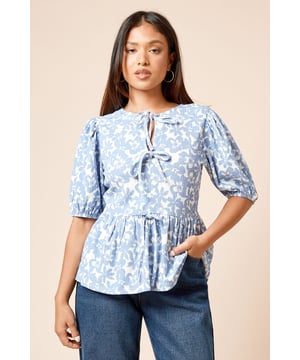 Petite Floral Bow Tie Front Puff Sleeve Top