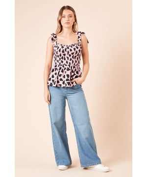 Heart Print Tie Shoulder Shirred Bodice Peplum Top