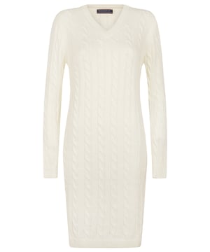 Dieses elegante und stilvolle Design aus Wolle vereint Wärme und Raffinesse. Ideal für die Wintersaison, sorgt seine weiche Textur und robuste Konstruktion für Komfort und Qualität, wodurch es eine vielseitige Ergänzung für jede Garderobe ist. Mit Blick auf die aktuellen Modetrends gefertigt, verfügt das Kleid über ein elegantes, dickes Zopfmuster, das eine moderne und schicke Note verleiht. Der V-Ausschnitt betont das Dekolleté auf schmeichelhafte und feminine Weise, während die langen Ärmel zusätzlichen Schutz und Komfort bieten. Perfekt für verschiedene Anlässe, lässt sich das Kleid mühelos mit Leggings kombinieren oder kann alleine getragen werden, um einen eleganten Look zu erzielen. Für ein lässiges, aber schickes Ensemble kombinieren Sie das Kleid mit kniehohen oder knöchelhohen Stiefeln. Für formellere Anlässe stylen Sie es mit Strumpfhosen und Absätzen, um ein anspruchsvolles Erscheinungsbild zu kreieren. Während der kälteren Monate können Sie es mit einem dicken Schal und Handschuhen accessorieren, um warm zu bleiben und gleichzeitig Ihren stilvollen Flair zu bewahren. Die Pflege dieses Kleides ist einfach, Handwäsche wird empfohlen oder Maschinenwäsche in kaltem Wasser im Schonwaschgang. Bei Bedarf auf niedriger Hitze bügeln und auf Bleichmittel und chemische Reinigung verzichten, um die Qualität zu erhalten. Das dicke Zopfmuster V-Ausschnitt Damenkleid von Felix Hardy besticht durch hochwertige Materialien und sorgfältige Verarbeitung, wodurch es zu einem unverzichtbaren Stück in Ihrer Garderobe diesen Winter wird. Bleiben Sie die ganze Saison über gemütlich und stilvoll!