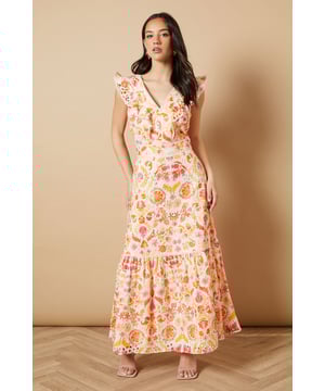 Feminine V-neckline with delicate broderie anglaise detailing
        Charming flutter sleeves with ruffle trim for a playful touch
        Flattering midi length with tiered hem for added movement
        Defined waistband creates a beautifully structured silhouette
        Striking open back design with decorative ruffle detail
    
    This enchanting broderie detail midi dress from Oasis captures the essence of effortless daytime elegance. The intricate broderie anglaise combined with the floral pattern creates a wonderfully feminine aesthetic that's perfect for summer gatherings. Style with strappy sandals and statement earrings as seen on our model for casual brunches or garden parties. The tiered hem adds a touch of whimsy to your movement, while the defined waistband accentuates your figure beautifully. For cooler days, layer with a lightweight denim jacket and pair with white trainers for a relaxed weekend look. This versatile piece transitions seamlessly from family lunches to afternoon strolls, offering both comfort and style for your everyday wardrobe.
