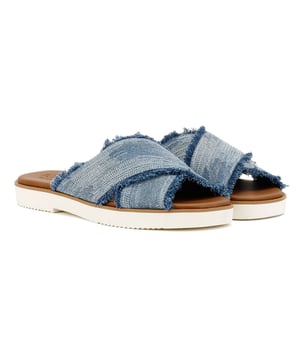 Step into effortless style with these denim cross-strap flat sandals. Featuring fray detailing straps and ultra-comfy custom CloudBound™ foam insoles for all-day cushioning and support. Finished with a lightweight EVA outsole and sawtooth detailing for added grip and style.