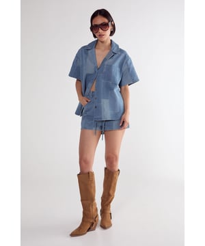 Denim Patchwork Contrast Stitch Resort Shirt