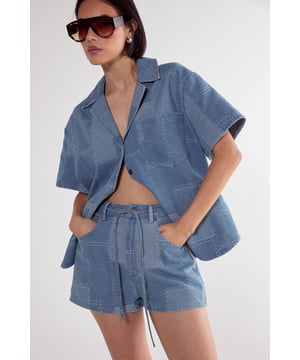 Denim Patchwork Contrast Stitch Tie Waist Shorts
