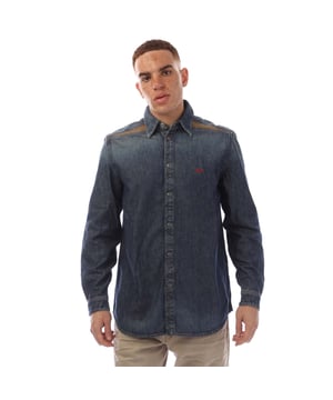 Men's jean shirt cut to a regular fit. It features a clean construction spliced with contrasting panels  and a red D logo embroidered on the chest. The fix denim is crafted with partially recycled cotton and features a medium blue wash  enriched with streaky dirt-effects for a lived-in look. Brown corduroy inserts channel the season's dirty  earth-inspired hues.