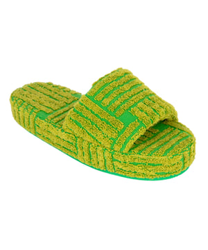 • Sponge slides 
• Material: 100% Cotton 
• Lining: Cotton 
• Color: Parakeet/Kiwi 
• Rubber outsole 
• Platform: 3.5 cm 1.4" 
• Made in: Italy