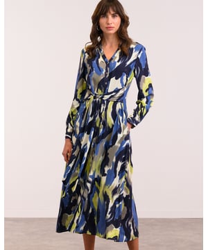 Made from a light and airy fabric that drapes beautifully, this button through midi dress has a full, flowing skirt. It can be tied at the front or back, and features a v-neckline with stand collar detailing, and long sleeves with cuff and button fastenings.100% Viscose.  Made in China.