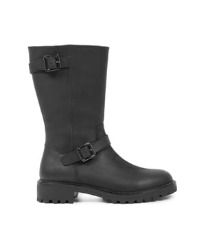 Featuring a leather upper, these Mid-Calf Biker Boots come with buckle and strap detailing. The leather lining and zip opening ensure easy dressing and comfort. 100% Leather Upper. Made in India.