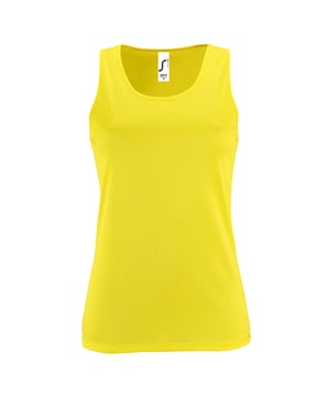 Slim fit. Textured breathable fabric. Self fabric bound neck and armholes. Racer back style. Twin needle hem. Tear out label. Suitable for sublimation printing. Handwash only. 100% polyester.