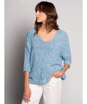 Crafted with a classic boat neckline and rolled edge detail, this Breton-inspired jumper is designed with a relaxed, drop-shoulder fit and finished with ribbed cuffs and hem. The yarn twist adds depth and texture, perfect for layering or wearing on its own. Handwash. 60cm.
