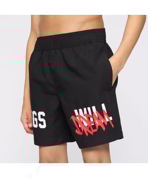Boys Kings Will Dream Tagged Swim Shorts in black- Elasticated waist- Side entry pockets- Inner mesh brief- Logo printed at legs- 100% Polyester- Ref: KD3R124422BS2STK