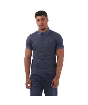 Ribbed polo collar.Short sleeves.Three button placket.Embroidered branding.Contrast ribbed collar and sleeve cuffs.Stylish jacquard texture polo shirt from Farah.