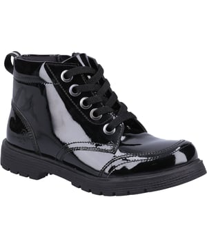 Stylish and Comfortable; The Jolie Patent boot is sure to be a winner with its trendy boot style upper and stacked effect sole. Its breathable textile lining and lace up fastening allow feet to feel secure throughout the school day