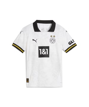 PRODUCT STORY: It is more than a piece of fabric, it is a piece of history. Revisit BVB's past with the 24/25 Third Kit, honoring 100 years of Borussia-Sportplatz, previously known as Weisse Wiese, the club's first-ever home ground. FEATURES & BENEFITS: dryCELL: Performance technology designed to wick moisture from the body and keep you free of sweat during exercise; As part of the RE:FIBRE program, this garment is made of at least 95% recycled material from textile waste and other used materials. DETAILS: Regular fit; 170 gsm, Jacquard; Crew neck; Short sleeves with flat knit construction; Official team branding; PUMA Youth: Recommended for older kids between 8 and 16 years.