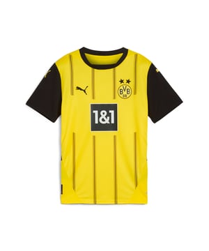 PRODUCT STORY: Introducing the latest in a long line of Black and Yellow classics. Staying true to the club is heritage, the 24/25 BVB Home Kit combines signature colors with a pinstriped design in a way that embodies the essence of Borussia Dortmund, yesterday, today, and forever. Black and Yellow is been having a moment. Since 1909. FEATURES & BENEFITS: dryCELL: Performance technology designed to wick moisture from the body and keep you free of sweat during exercise; As part of the RE:FIBRE program, this garment is made of at least 95% recycled material from textile waste and other used materials. DETAILS: Regular fit; 170 gsm, Jacquard; Crew neck; Short sleeves; Official team branding; PUMA Youth: Recommended for older kids between 8 and 16 years.