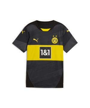 PRODUCT STORY: Club mantra Borussia verbindet, or United by Borussia, comes to life in the 24/25 Away Kit. Repeated throughout the jersey in writing, sign language, and Braille, it champions diversity and BVB is work against racism, antisemitism, and discrimination with a design that leaves no fan behind. FEATURES & BENEFITS: dryCELL: Performance technology designed to wick moisture from the body and keep you free of sweat during exercise; As part of the RE:FIBRE program, this garment is made of at least 95% recycled material from textile waste and other used materials. DETAILS: Regular fit; 170 gsm, Jacquard; Crew neck; Short sleeves; Official team branding; PUMA Youth: Recommended for older kids between 8 and 16 years.