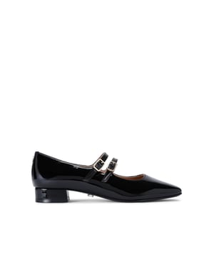The Harper is a Mary Jane style shoe with block heel. The upper is in a black patent style with two straps across the foot which are fastened with gold branded buckles. Heel height: 2cm. This product features All Day Long Technology.
