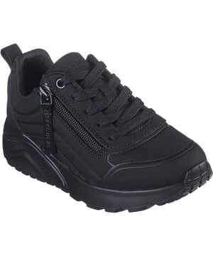 Stap in stijlvolle, comfortabele demping met de Uno Lite Easy Zip. Deze veterschoenen heeft een monochrome durabuck bovenkant met een kwartrits-detail, een Skechers Air-Cooled Memory Foam inlegzool en een platform wig-dempende middenzool.