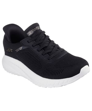 Skechers Hands Free Slip-ins®. This eco-friendly, vegan athletic sneaker is crafted with recycled materials and features a breathable stretch knit upper with fixed stretch laces for easy slip-on wear. Designed for all-day support, it includes a well-cushioned midsole and a Skechers Air-Cooled Memory Foam® insole for superior comfort and airflow. Perfect for walking, travel, and everyday wear.