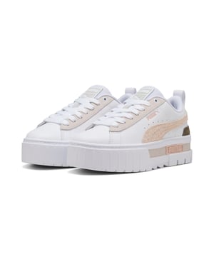 PRODUCT STORY: For the hype girls, the street enthusiasts, the trend setters Â­Â­â€“ the Mayze. This stand-out model has a stacked sole for a look that makes a statement, however you choose to style it. We take the timeless route with this pair. A classic base colour and a contrast across the PUMA Formstrip and heel. What's not to love? DETAILS: Leather upper; Suede overlays; Rubber outsole; PUMA Formstrip on the medial and lateral side; PUMA Cat Logo on the heel.