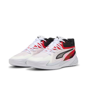 PRODUCT STORY: Stand out with fast, progressive design. Our latest innovation features a PROFOAM midsole for lightweight rebound, PUMA BITE outsole for traction, and dynamic lacing for a secure fit. Perfect for dominating outdoor courts with confidence and style. Get ready to win. FEATURES & BENEFITS: The upper of the shoes is made with at least 20% recycled materials; PUMA BITE: Durable outsole pattern that offers superior traction on the court; PROFOAM: Lightweight EVA designed to cushion your landing and propel your next step. DETAILS: Regular width; Dynamic lacing system with anchor points on the vamp and through the forefoot, for a more secure, sure-footed feel; External rubber wrap-up for lateral stability; PUMA Hoops Jaws branding; PUMA branding details.