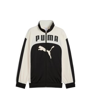 PRODUCT STORY: Take to the streets in style in this retro-inspired track jacket. With bold PUMA graphics front and centre, zip pockets to stash your essentials, and a relaxed fit for superior comfort. FEATURES & BENEFITS: As part of the RE:FIBRE program, this garment is made of at least 95% recycled material from textile waste and other used materials. DETAILS: Relaxed fit; Tricot material; Stand up collar; Long sleeves; Zip pockets; Elasticated cuffs and hem; Coil zipper with PUMA metallic zip pull; PUMA print details on the front.
