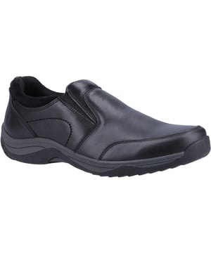 Ein bequemer, lässiger Slipper, der mit einem oberen Lederteil und elastischen Einsätzen für ein schnelles An- und Ausziehen ausgestattet ist, gepolstertem Kragen und einer Latex-Innensohle sowie einem weichen, atmungsaktiven Futter.