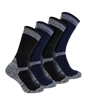 Paquete de 4 calcetines de trabajo para uso industrial: Para mantener un alto estándar de trabajo, necesitas las mejores herramientas para el trabajo. Lo mismo se aplica a tus pies. Es por eso que hemos desarrollado una gama de calcetines de trabajo extra cálidos que soportarán las exigencias de un día intenso. Estos calcetines de trabajo reforzados no solo proporcionan comodidad al usarlos, sino que también aumentan la durabilidad para ayudar a satisfacer las necesidades de tus pies. Además, cuentan con un forro de bucle de toalla para mayor comodidad y calidez en todo momento. Estos calcetines se pueden usar con botas y zapatos de trabajo o de seguridad. El talón y la puntera son ajustados para una mejor adaptación, durabilidad y resistencia. También ayudan a prevenir el movimiento en el zapato. Los bucles de toalla también están reforzados para mayor comodidad y longevidad. Además, ayudan a eliminar la humedad y el sudor, especialmente si has estado trabajando todo el día. La parte superior del calcetín tiene un dobladillo de estiramiento extra que se invierte, lo que proporciona mayor comodidad y facilita poner y quitar el calcetín. También ayuda a que no sea demasiado restrictivo alrededor de la pierna. También cuentan con una costura suave en la punta, ideal para usar con botas de punta de acero, ya que reduce la irritación y te mantiene cómodo sin importar el trabajo pesado que necesites realizar. Estos calcetines de trabajo reforzados están disponibles en una talla: para hombres de 6-11 UK y vienen en 2 colores por paquete: gris carbón y azul marino. También están confeccionados con un 55% de algodón, un 32% de poliéster, un 10% de nailon y un 3% de elastano.