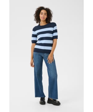 Dieses Damen-Stricktop mit Streifen hat einen lockeren Schnitt, halbe Ärmel und einen klassischen Rundhalsausschnitt. Weiches Material sorgt für hohen Tragekomfort im Alltag.  Schonwäsche 30°, Nicht bleichen, Nicht im Trockner trocknen, Liegend trocken im Schatten, Kalt bügeln max. 110° C, Trockenreinigung  80% Viskose,20% Nylon