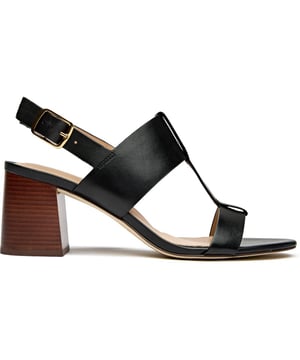 Zwarte Cole Haan Josie T-strap sandalen voor dames, gemaakt van leer en een synthetische zool. Hakhoogte 7 cm, gespsluiting, zachte binnenzool en zool met houtfineer.