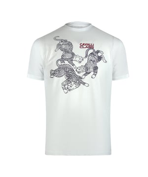 Elevate your casual wardrobe with the Cavalli Class Traditional Style Leopard Graphic Off White T-Shirt. Crafted from 100% premium cotton, this men's t-shirt offers exceptional comfort and breathability, perfect for everyday wear. The striking leopard graphic adds a bold, stylish edge to the classic off-white design, making it a versatile piece that pairs effortlessly with jeans or chinos. Made in Bangladesh with attention to quality, this t-shirt combines timeless style with modern flair, ensuring you stand out with subtle sophistication wherever you go