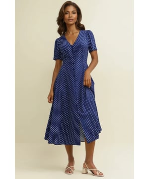 The Ellen tea dress is made entirely from responsible viscose that drapes like a dream. A little bit vintage-inspired. A navy polka dot print, swishy a-line cut and delicate line of buttons add to the look. Finish yours with gold necklaces.
 These are very slight seconds - does not affect wearability.

48-49" Shoulder to Hem.

As clearance stock they may not be in original packaging.