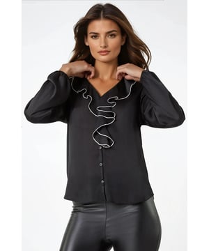 Let your outfit do the talking with our elegant v-neck satin blouse. Adorned with a charming ruffle front and button detail, this blouse boasts a full opening with a feminine v-neckline. Featuring cosy long sleeves finished with elasticated cuffs while staying stylish in a flattering hip-length blouse shape. Perfect for parties or work, this comfortable woven blouse pairs beautifully with wide-leg trousers.

As clearance stock, brand labels have either been pen marked or removed.
